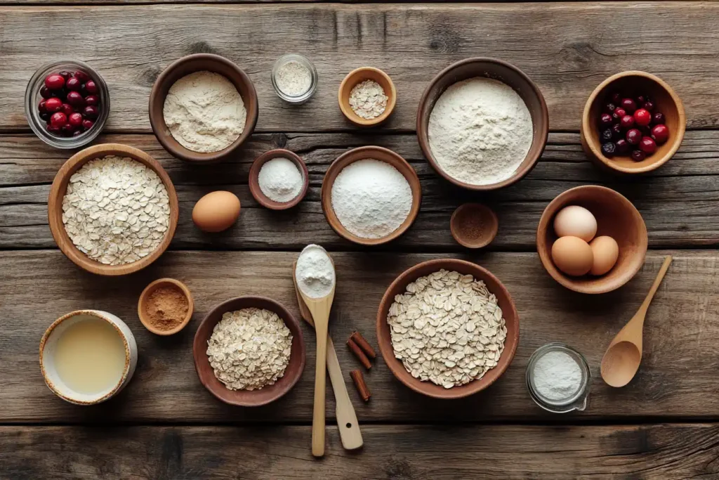 A Flat Lay Of All Ingredients Needed For Cranberry Oatmeal Cookies, Including Oats, Flour, Sugar, Butter, Eggs, And Dried Cranberries