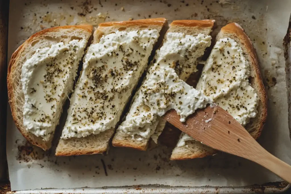 A Fresh Loaf Of Sliced Sourdough Bread With A Thick Layer Of Cottage Cheese Garlic Spread Evenly Applied, Ready For Baking