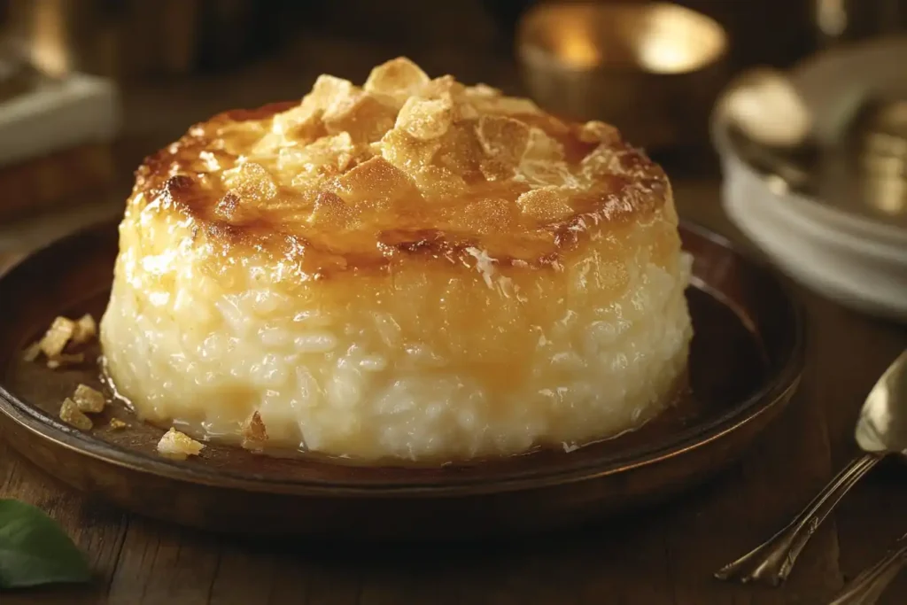 A Freshly Baked Rice Pudding With A Golden, Slightly Crisp Top, Served In A Ceramic Dish On A Wooden Table, Looking Warm And Inviting.