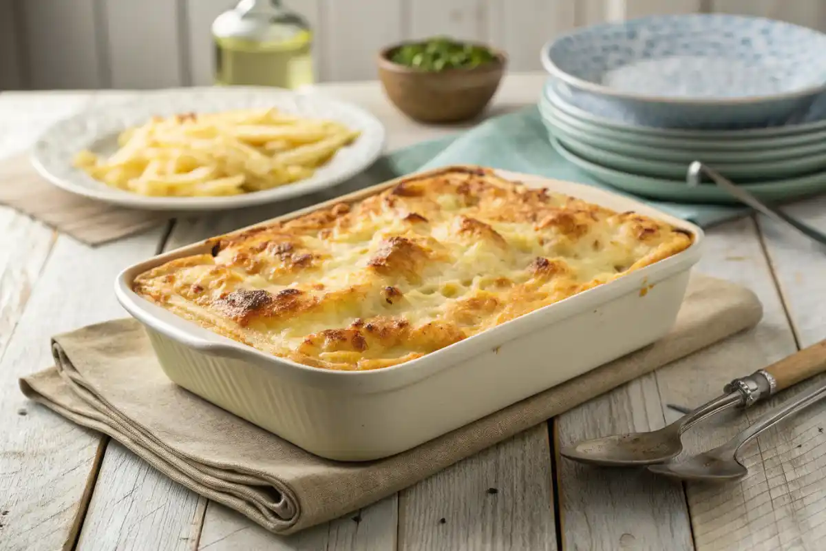 A Golden And Bubbly Baked Cattle Drive Casserole Ready To Serve, With Layers Visible And Melted Cheese On Top