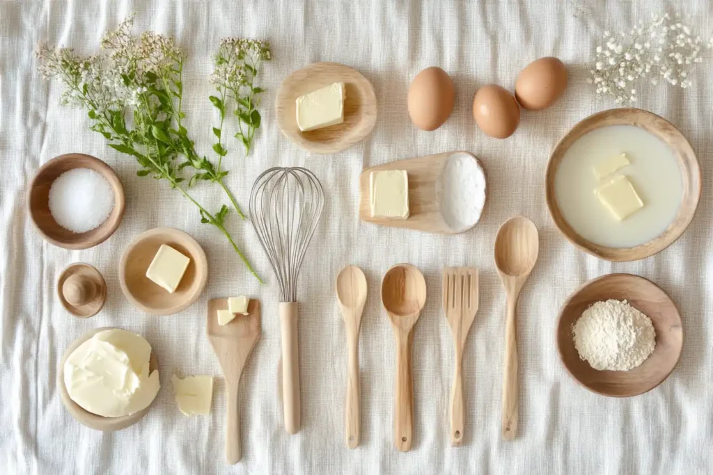 A Neatly Arranged Set Of Ingredients For Bisquick Pancakes, Including Bisquick Mix, Eggs, Milk, Butter, And Measuring Spoons, On A Wooden Kitchen Counter.