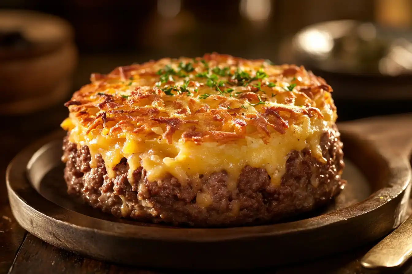 A Perfectly Baked Hamburger Hashbrown Casserole, Golden And Delicious, Ready To Be Served At The Dinner Table