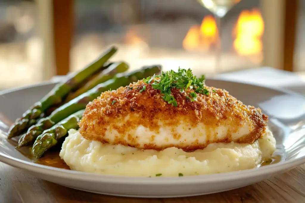 A Plated Longhorn Parmesan Crusted Chicken Dish With Mashed Potatoes And Asparagus, Garnished With Fresh Parsley.