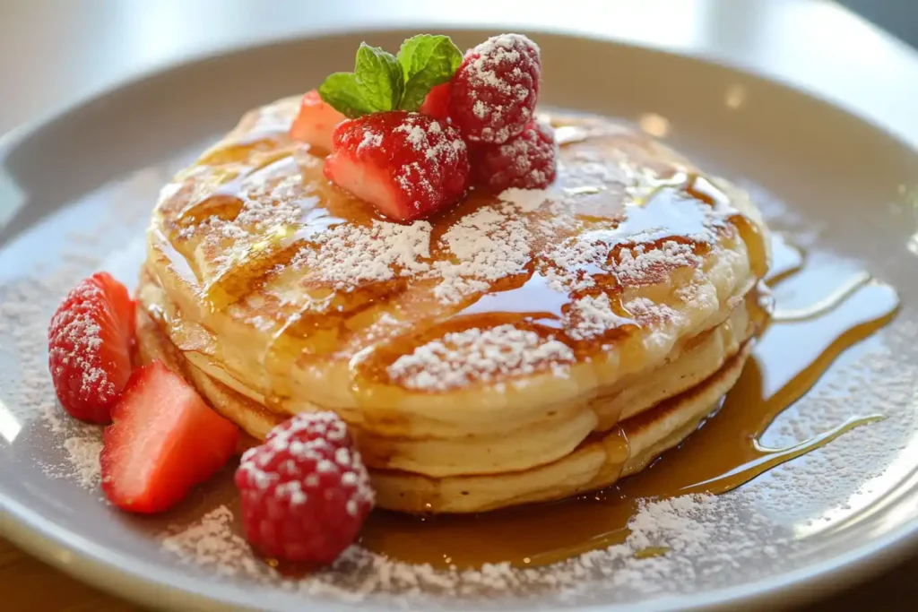 A Stack Of Fluffy Bisquick Pancakes Topped With Syrup And Fresh Berries, Ready To Be Served On A White Plate