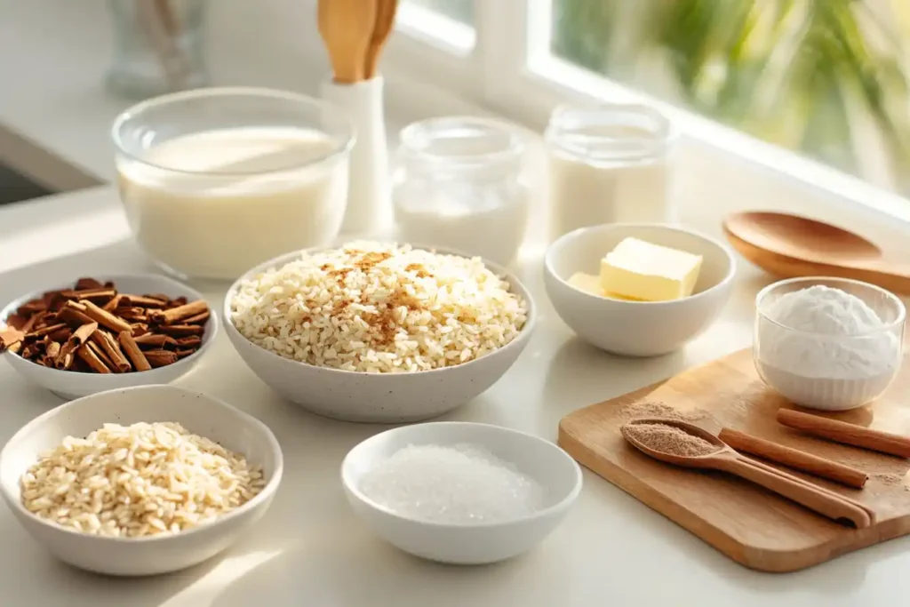 A Top Down View Of Ingredients For Baked Rice Pudding Rice, Milk, Sugar, Butter, Vanilla, Cinnamon, Salt, All Neatly Arranged On A Wooden Counter With Measuring Spoons