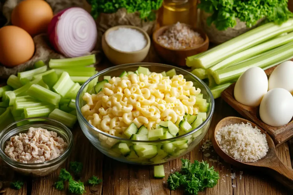 All Ingredients For Macaroni Salad With Tuna Laid Out On A Rustic Wooden Counter, Including Canned Tuna, Pasta, Mayonnaise, Mustard, Sweet Pickle Relish, And Fresh Vegetables