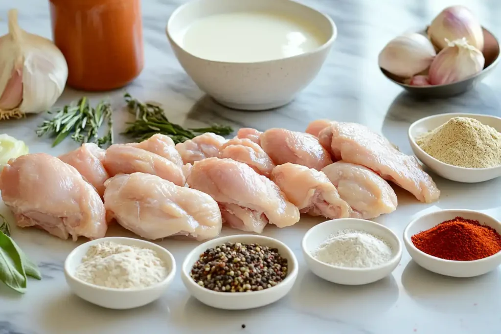 All Ingredients Prepared For Broasted Chicken, Including Chicken Pieces, Flour, And Spices