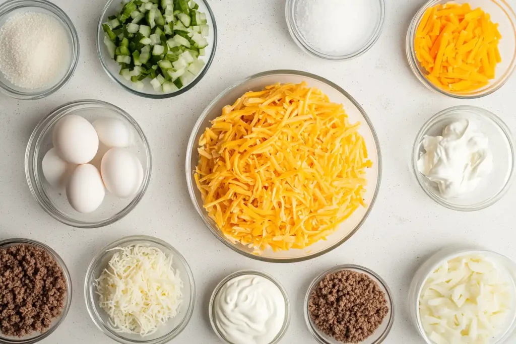 All The Ingredients Laid Out For A Hamburger Hashbrown Casserole, Including Hashbrowns, Ground Beef, Cheese, Eggs, And Seasonings