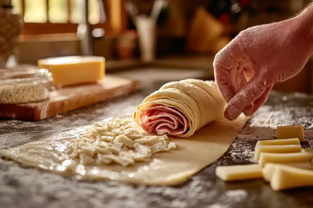 Assembling Ham And Swiss Croissants By Placing Swiss Cheese And Ham In The Center Of Croissant Dough Before Rolling It Up, Set In A Warmly Lit Kitchen