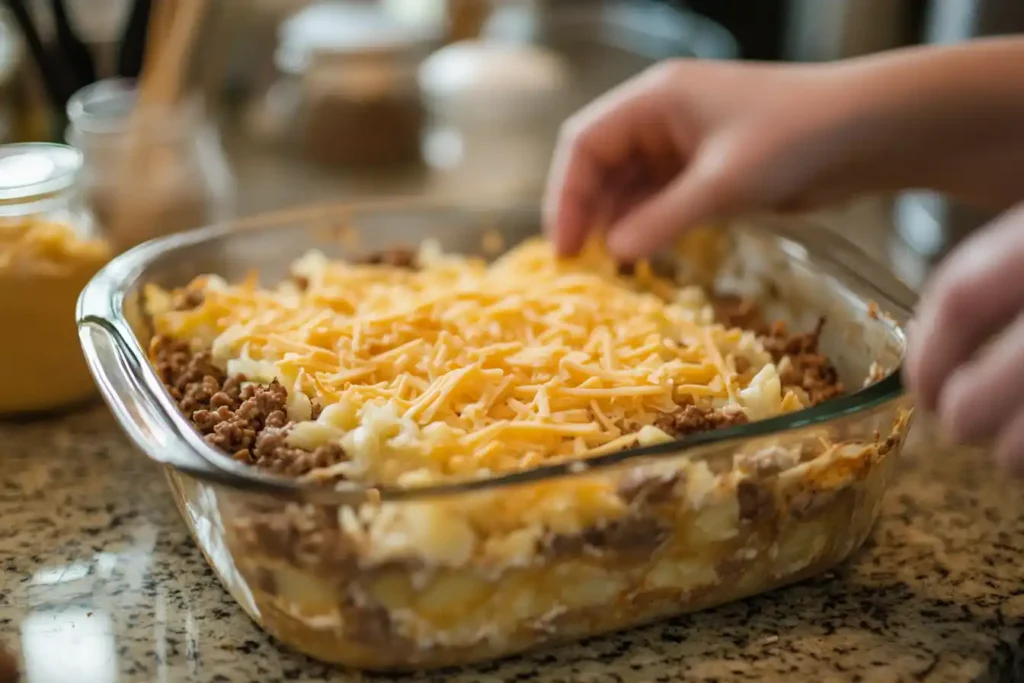 Assembling The Hamburger Hashbrown Casserole By Layering Hashbrowns, Cooked Beef, And Cheese In A Baking Dish