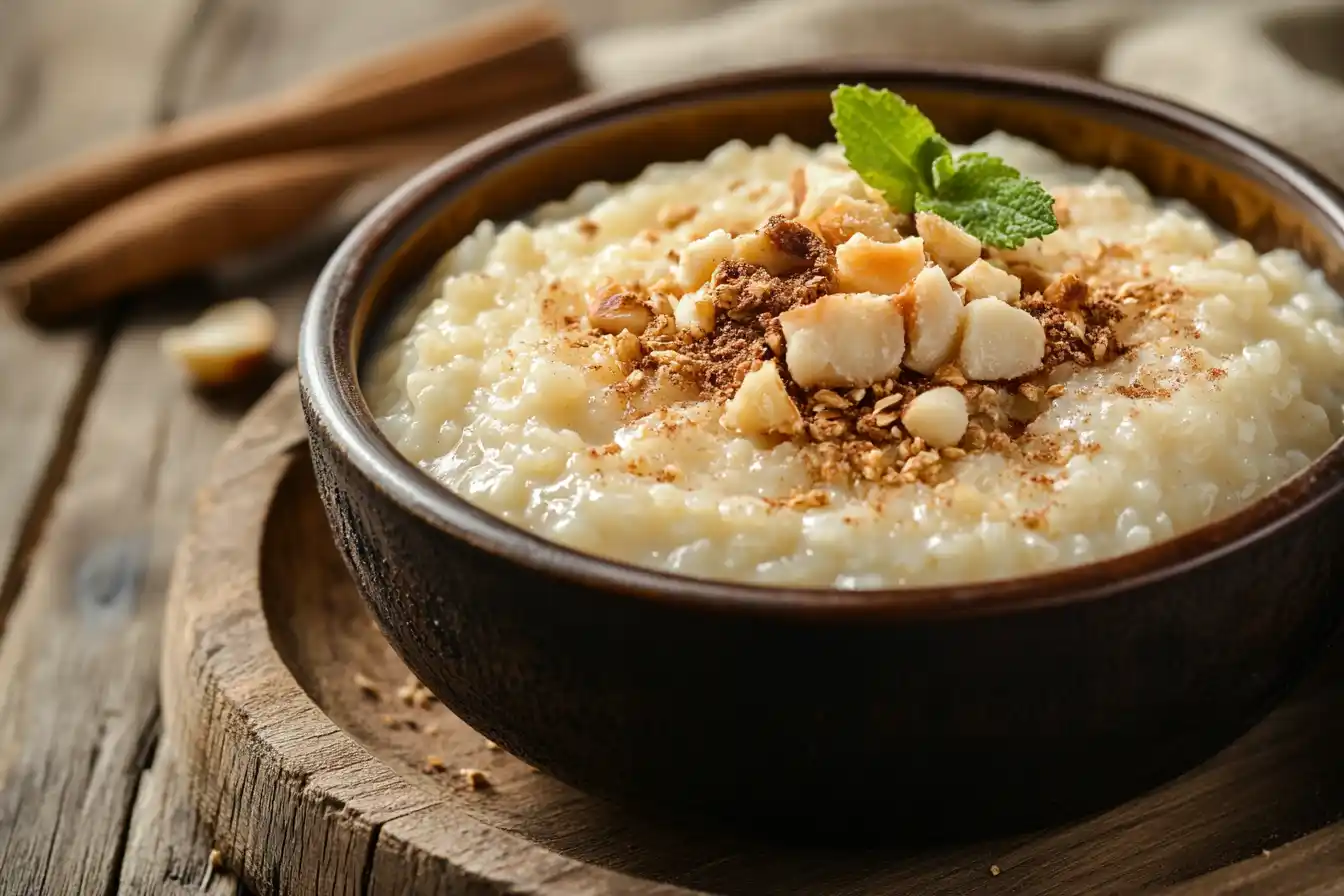 Baked Rice Pudding A Freshly Baked Rice Pudding With A Golden, Slightly Crisp Top, Served In A Ceramic Dish On A Wooden Table, Looking Warm And Inviting.