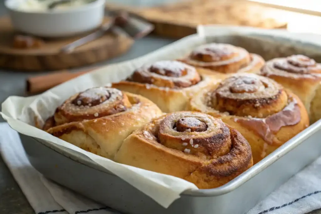 Baked Sourdough Discard Cinnamon Rolls Cooling On A Wire Rack