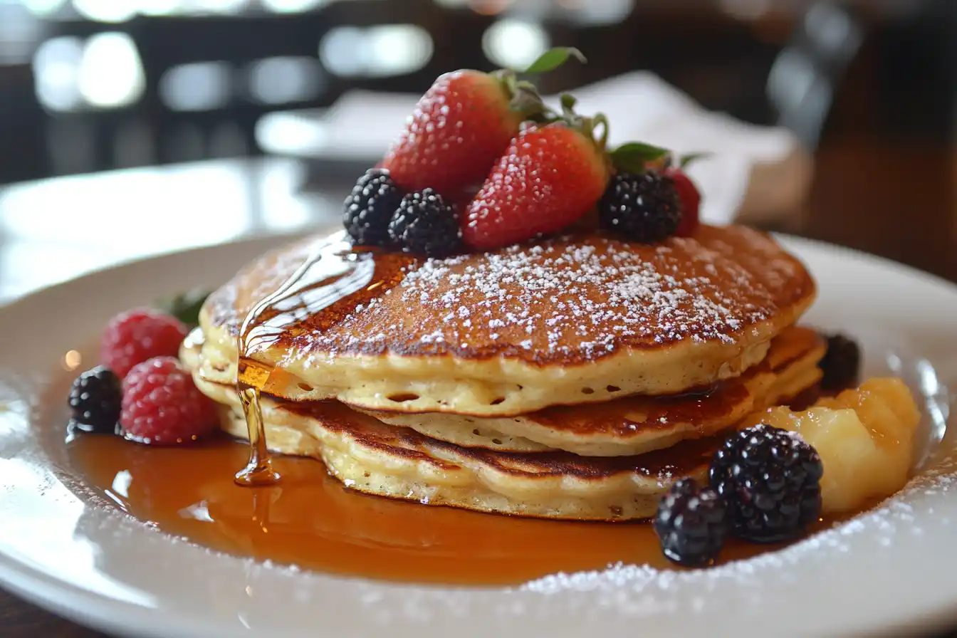 Bisquick Pancakes A Stack Of Fluffy Bisquick Pancakes Topped With Syrup And Fresh Berries, Ready To Be Served On A White Plate