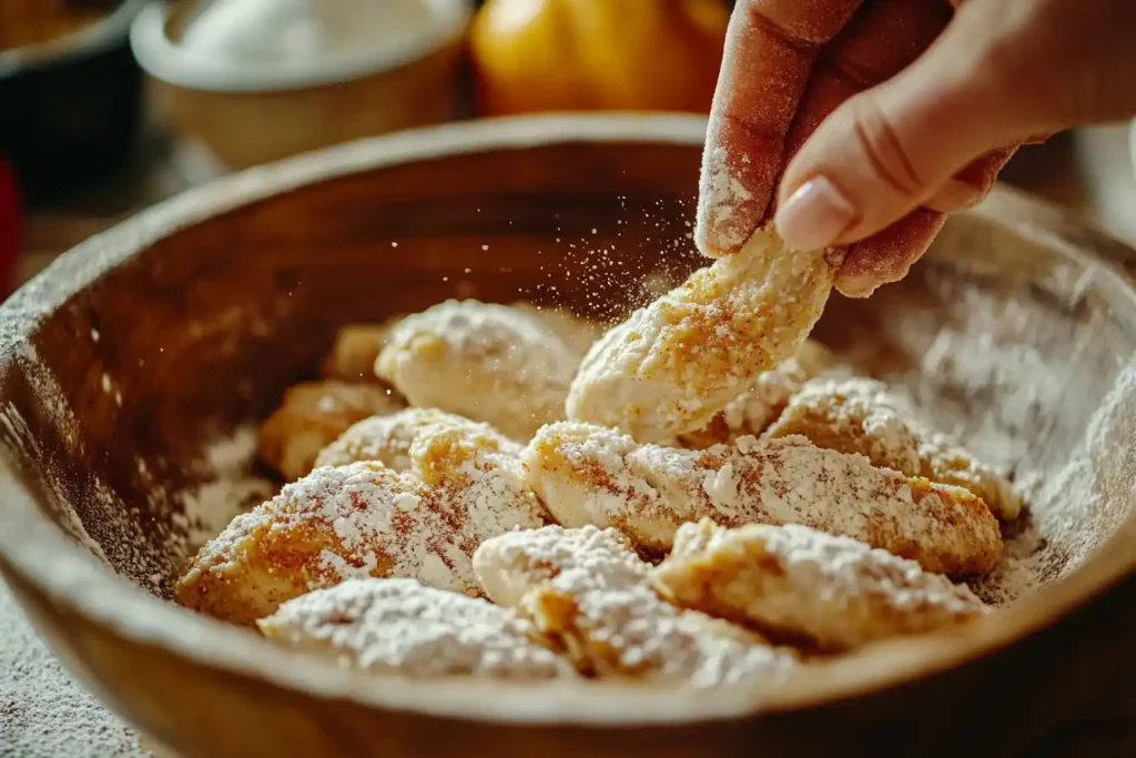 Chicken Being Coated With A Seasoned Flour Mixture, Ready For Broasting