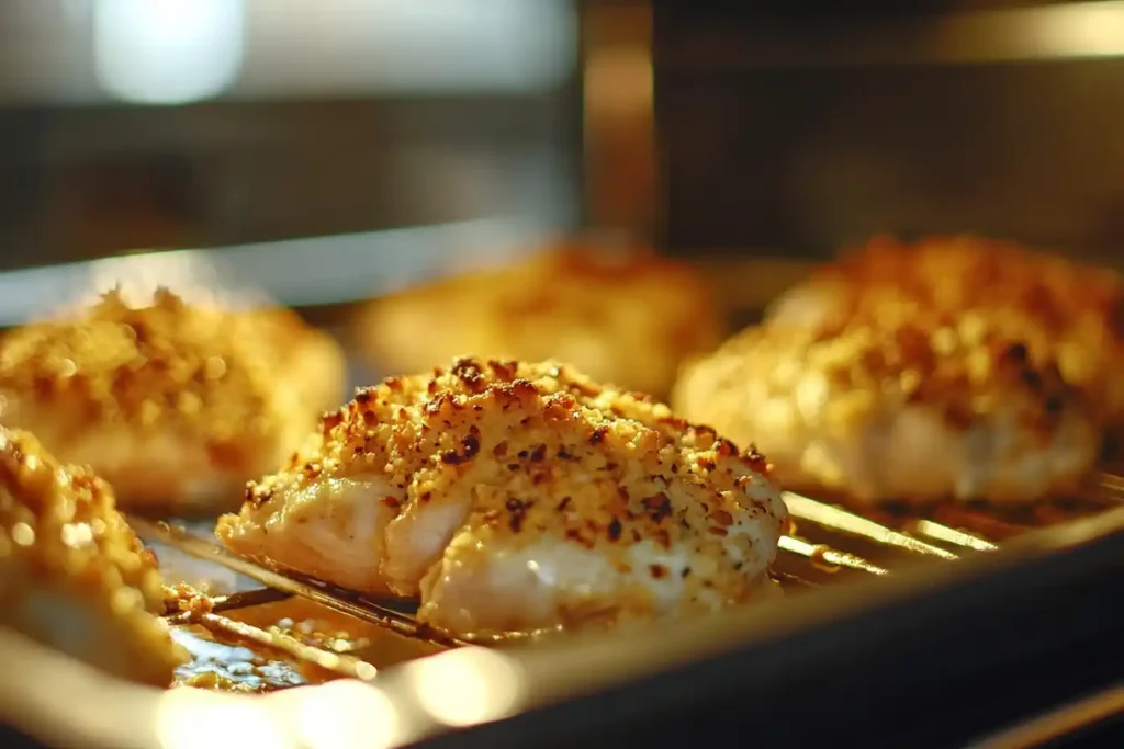 Chicken Breasts In The Oven, Topped With Parmesan Crust, Turning Golden And Crispy.