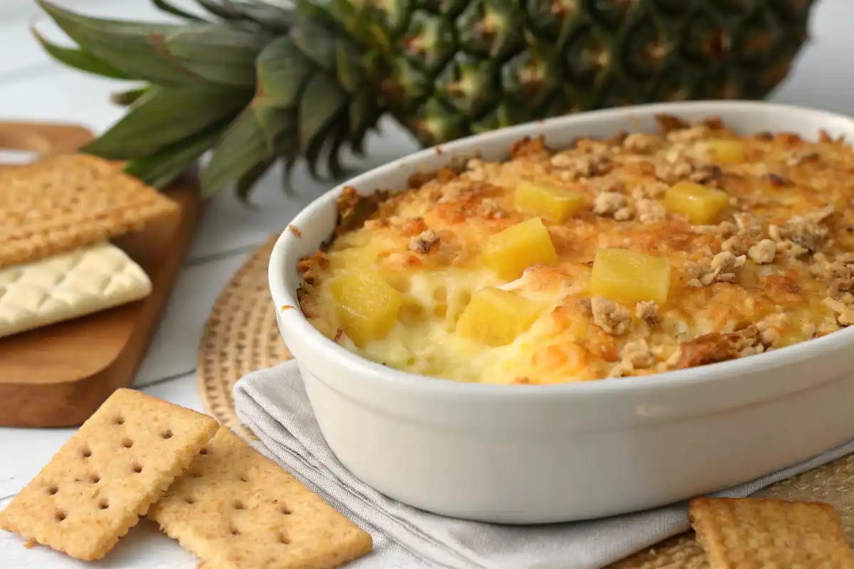 Close Up Of A Freshly Baked Pineapple Casserole With A Golden Brown Crispy Topping