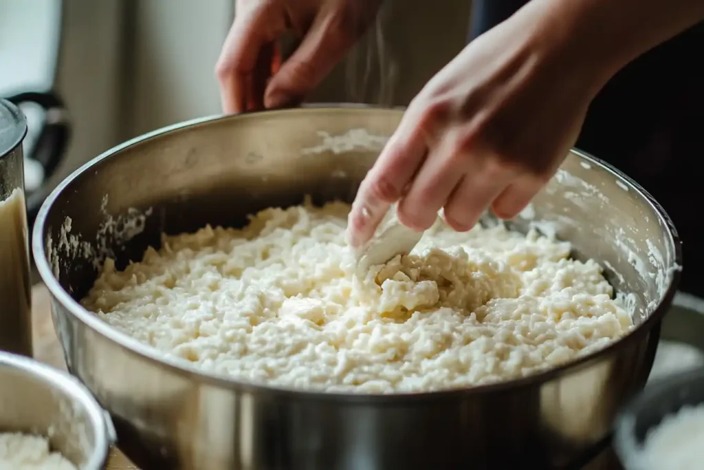 Close Up Of A Hand Stirring A Creamy Rice Pudding Mixture With Rice, Milk, Sugar, And Butter In A Glass Bowl