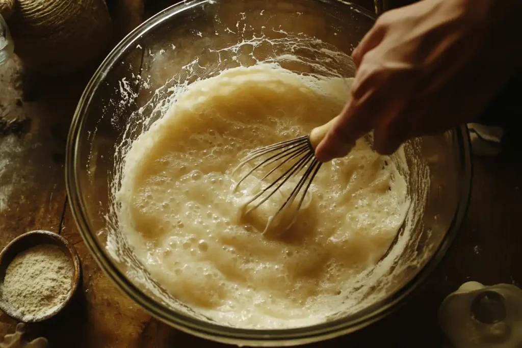 Close Up Of A Hand Whisking Bisquick Pancake Batter In A Large Glass Bowl, With Smooth And Creamy Texture