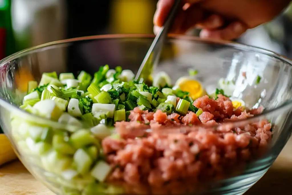 Close Up Of Canned Tuna, Chopped Celery, Onions, And Hard Boiled Eggs Being Mixed Together In A Large Glass Bowl, With Fresh Ingredients And Natural Lighting Enhancing The Scene