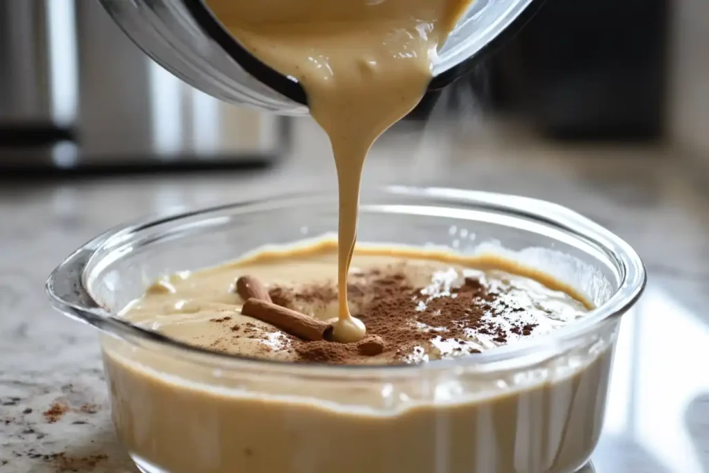 Close Up Of Creamy Baked Rice Pudding Being Poured Into A Rectangular Baking Dish, Topped With A Light Sprinkle Of Cinnamon