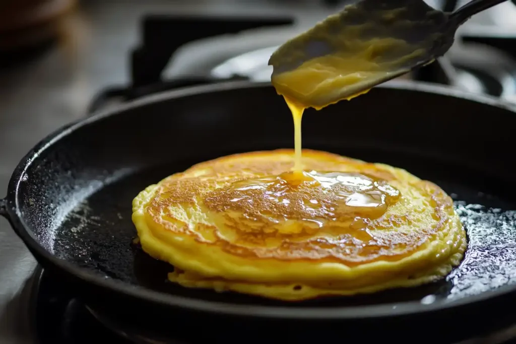 Close Up Of Pancake Batter Being Poured Onto A Hot Griddle, Forming A Small Round Pancake With A Golden Edge Starting To Appear