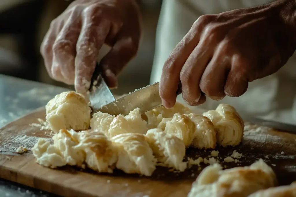 Cutting Croissants Into Small Pieces On A Wooden Cutting Board, Revealing The Flaky Texture