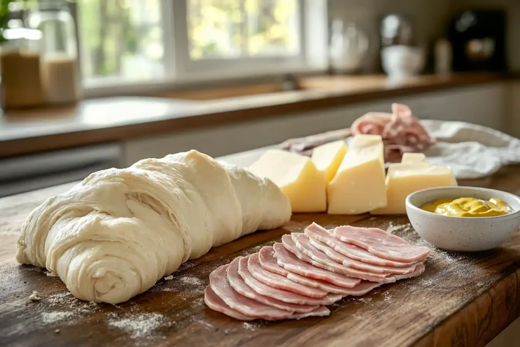 Fresh Ingredients For Ham And Swiss Croissants Laid Out On A Wooden Countertop, Including Croissant Dough, Swiss Cheese, Deli Ham, And Dijon Mustard In A Softly Lit Kitchen Setting