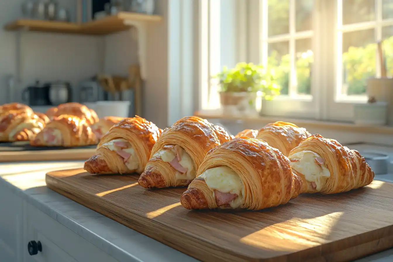 Freshly Baked Ham And Swiss Croissants On A Wooden Board, Showcasing Their Golden, Flaky Crust And Melted Cheese And Ham Filling. Natural Light Enhances The Warm, Inviting Atmosphere