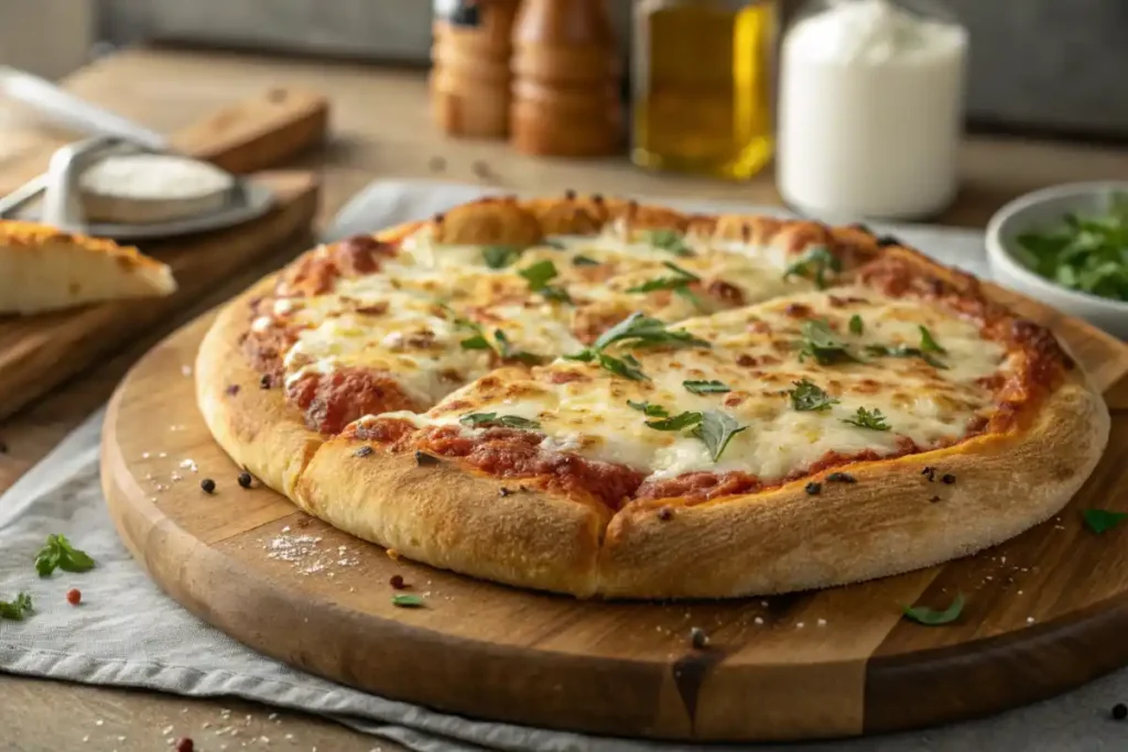 Freshly Baked Sourdough Discard Pizza With Golden Crust And Melted Cheese, Ready To Serve