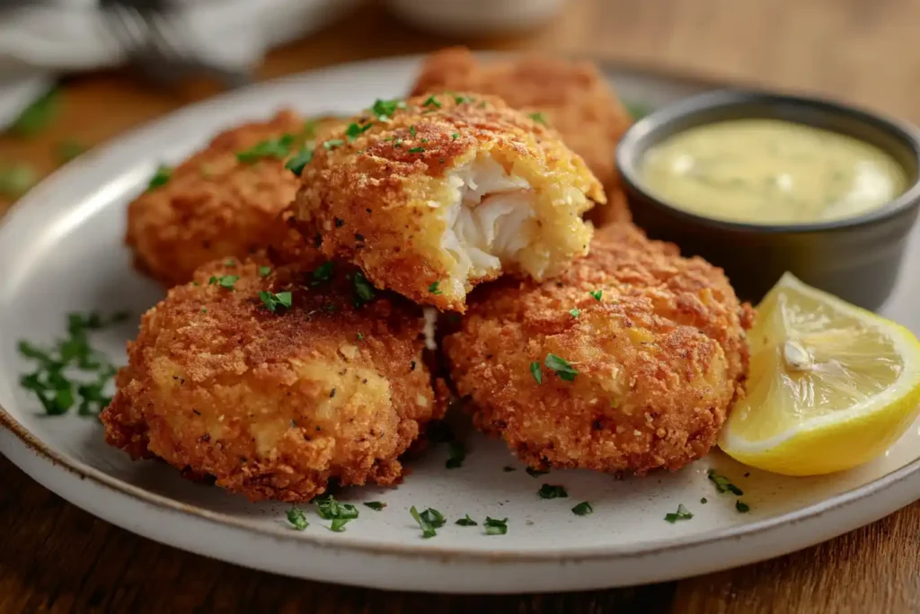 Freshly Cooked Golden Brown Crab Cakes Served On A Plate With Lemon And Dipping Sauce