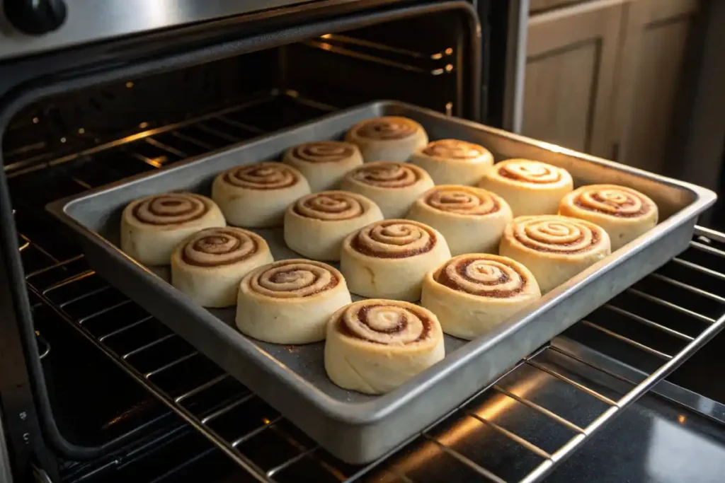 Freshly Placed Sourdough Discard Cinnamon Rolls In The Oven, Ready To Bake