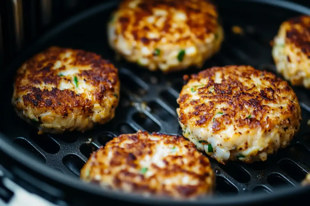 Frozen Crab Cakes Golden Brown Crab Cakes Cooking Inside An Air Fryer Basket, With A Crispy Crust