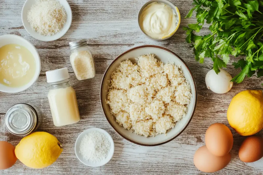 Frozen Crab Cakes Ingredients For Frozen Crab Cakes In An Air Fryer, Including Crab Cakes, Breadcrumbs, Eggs, Mayonnaise, And Lemon