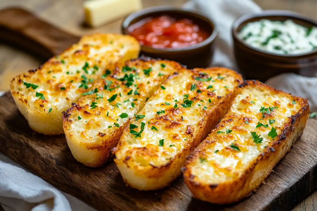 Golden Brown, Crispy Cottage Cheese Garlic Bread Slices Garnished With Parsley, Served On A Wooden Board With A Side Of Marinara Sauce