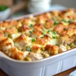 Golden Brown, Freshly Baked Chicken Stuffing Casserole With A Crispy Top, Ready To Serve