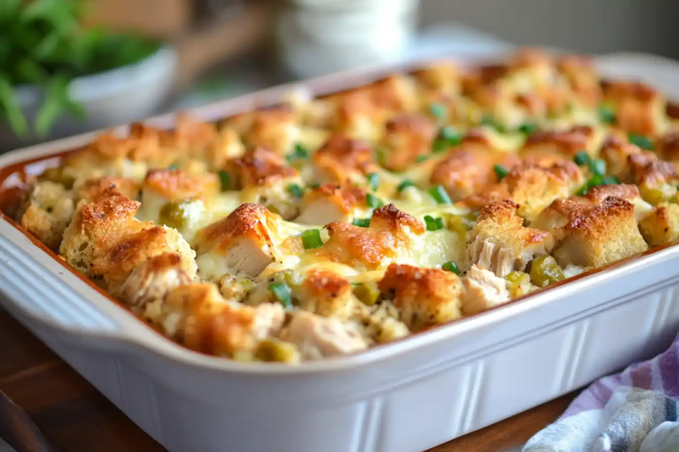 Golden Brown, Freshly Baked Chicken Stuffing Casserole With A Crispy Top, Ready To Serve