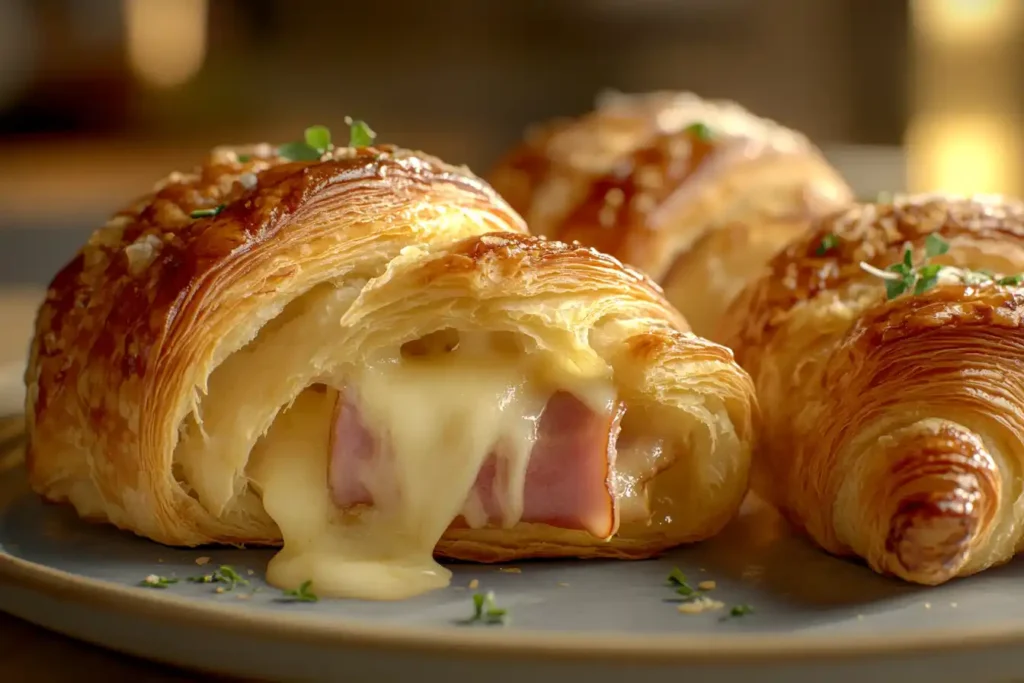 Golden, Flaky Ham And Swiss Croissants Freshly Baked, Resting On A Cooling Rack With Cheese Slightly Melted Inside