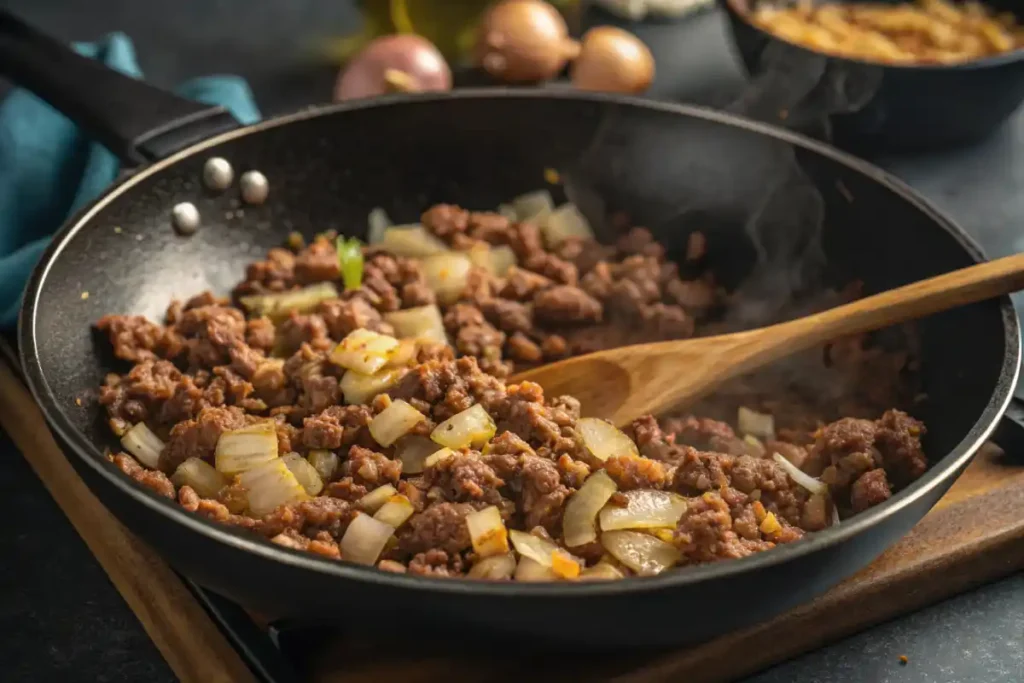 Ground Beef And Diced Onions Cooking In A Frying Pan, Browned To Perfection For The Casserole