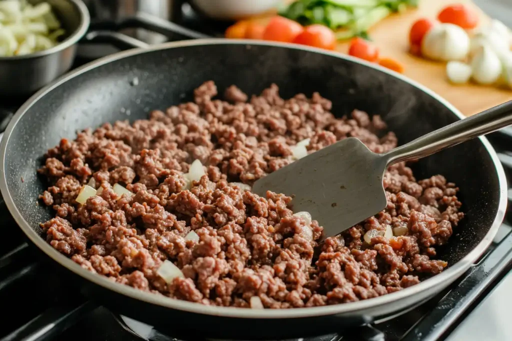 Ground Beef Being Browned In A Skillet For The Hamburger Hashbrown Casserole, With No Steam Visible