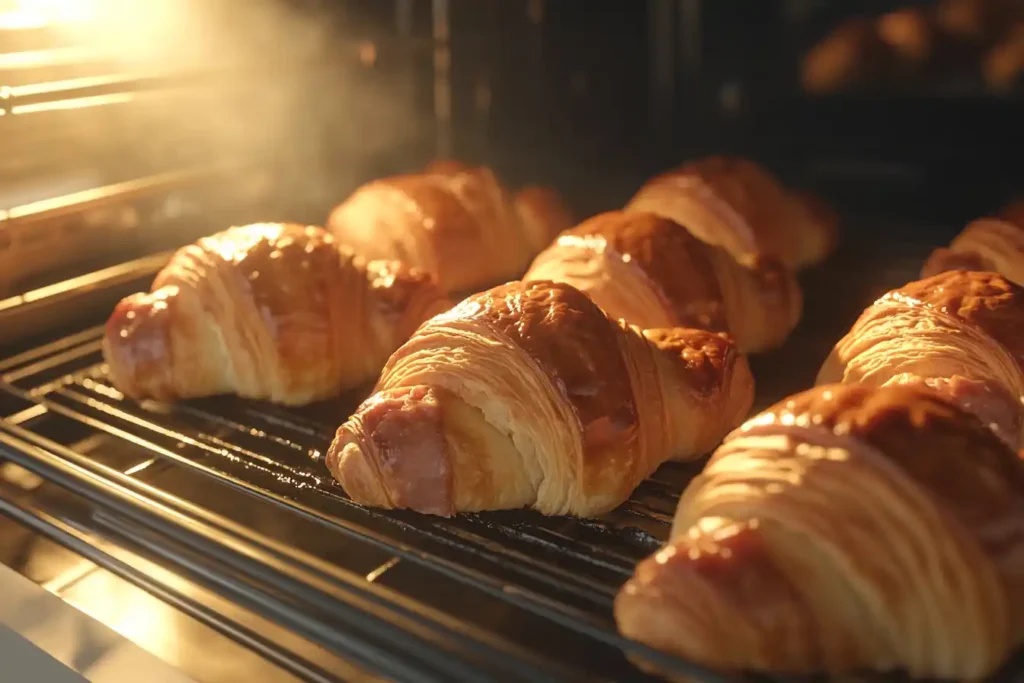 Ham And Swiss Croissants Baking In The Oven, With Golden Crusts Starting To Form, Illuminated By Natural Light From The Kitchen