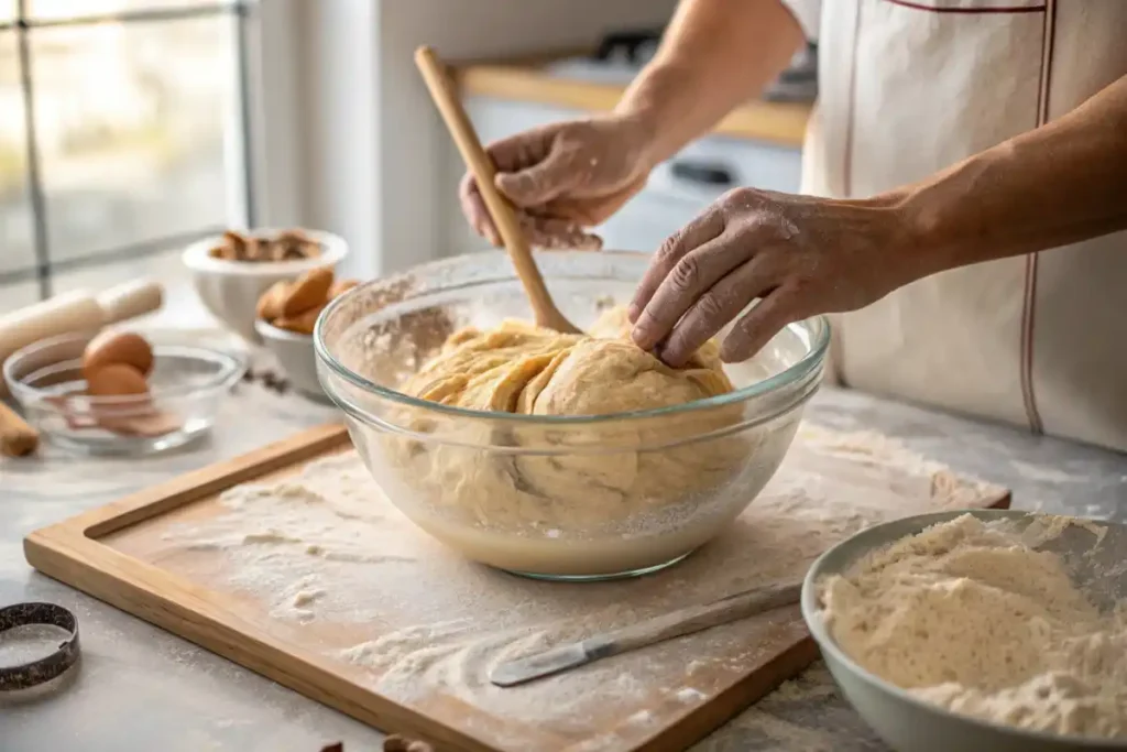 Hands Mixing Sourdough Discard Cinnamon Roll Dough In A Glass Bowl