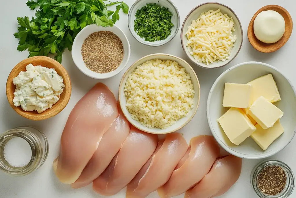 Ingredients For Chicken Stuffing Casserole Laid Out On A Kitchen Counter, Including Chicken, Stuffing Mix, Chicken Broth, Cheese, And Seasonings