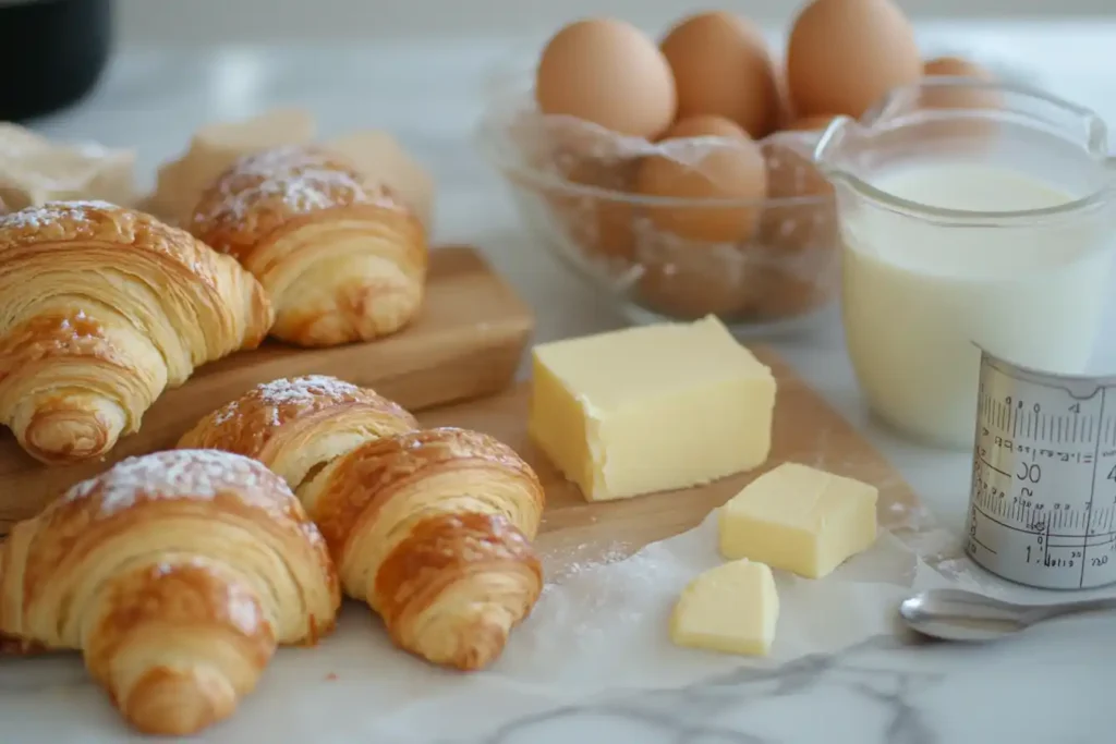 Ingredients For Croissant French Toast Bake Arranged Neatly On A Wooden Countertop Butter, Eggs, Milk, Cinnamon, Vanilla Extract, And Croissants