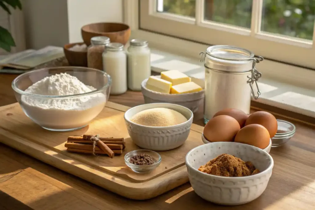 Ingredients For Sourdough Discard Cinnamon Rolls Laid Out On A Wooden Kitchen Counter