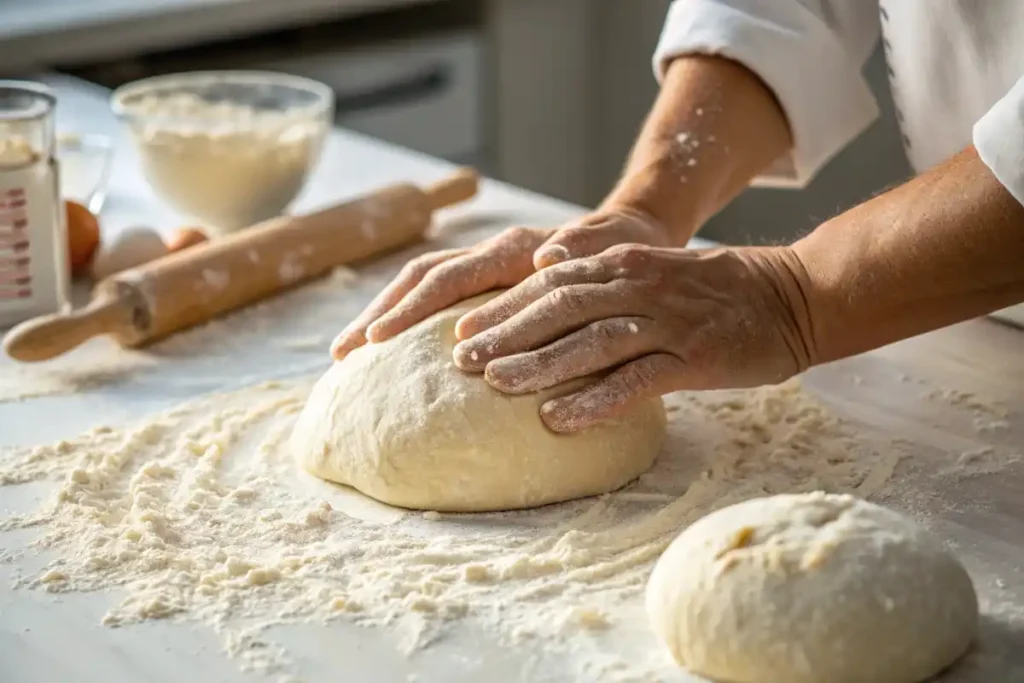 Kneading Sourdough Discard Pizza Dough On A Floured Countertop With Soft Lighting