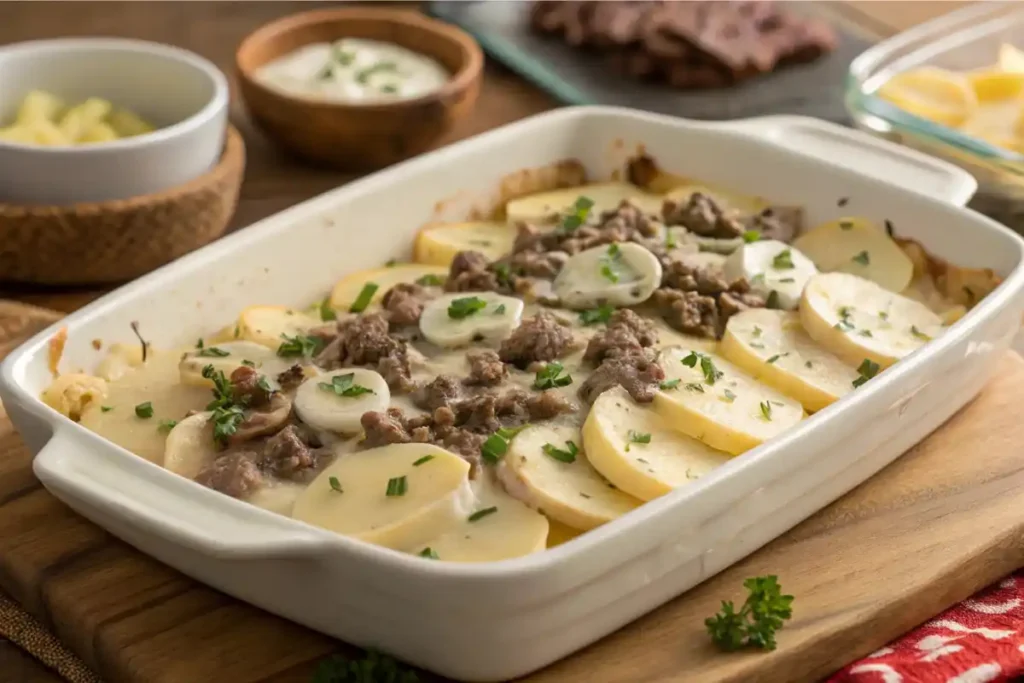 Layering Potatoes, Beef Mixture, And Cheese To Assemble The Cattle Drive Casserole