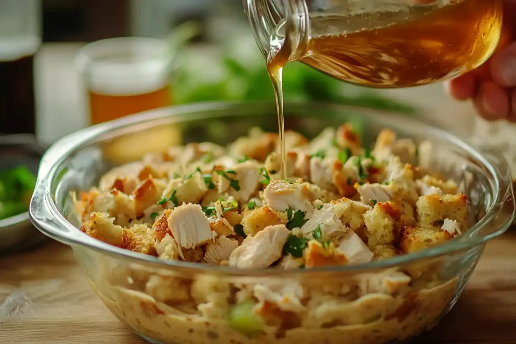 Layering The Chicken, Stuffing, And Creamy Sauce In A Baking Dish For Chicken Stuffing Casserole