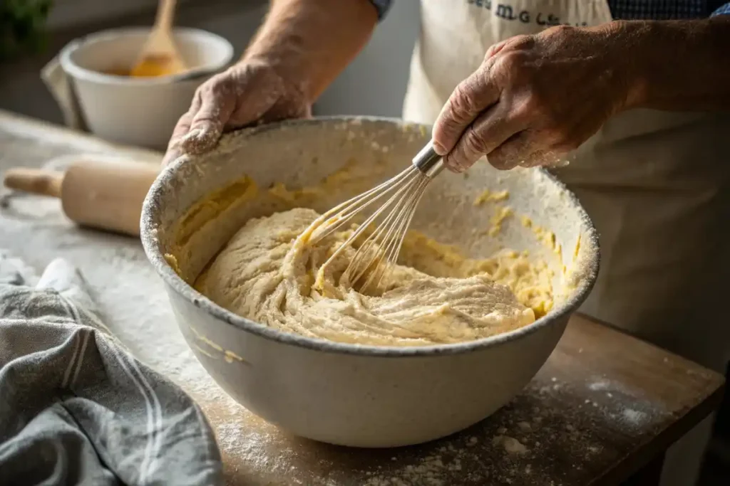 Mixing Sourdough Discard, Flour, And Water Into A Sticky Dough With Hands In A Bright Kitchen Setting