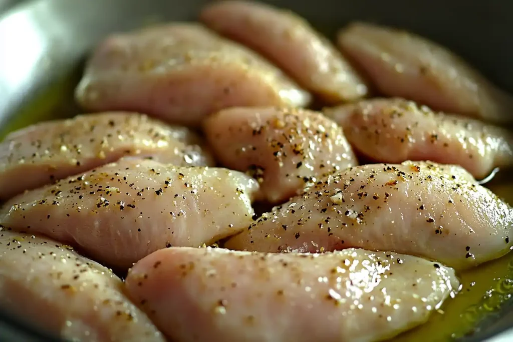 Pan Seared Chicken Breasts Being Seasoned In A Skillet, Golden Brown And Perfectly Cooked