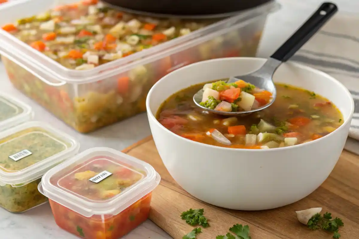 Portioning Turkey Vegetable Soup Into Containers For Storage Or Freezing